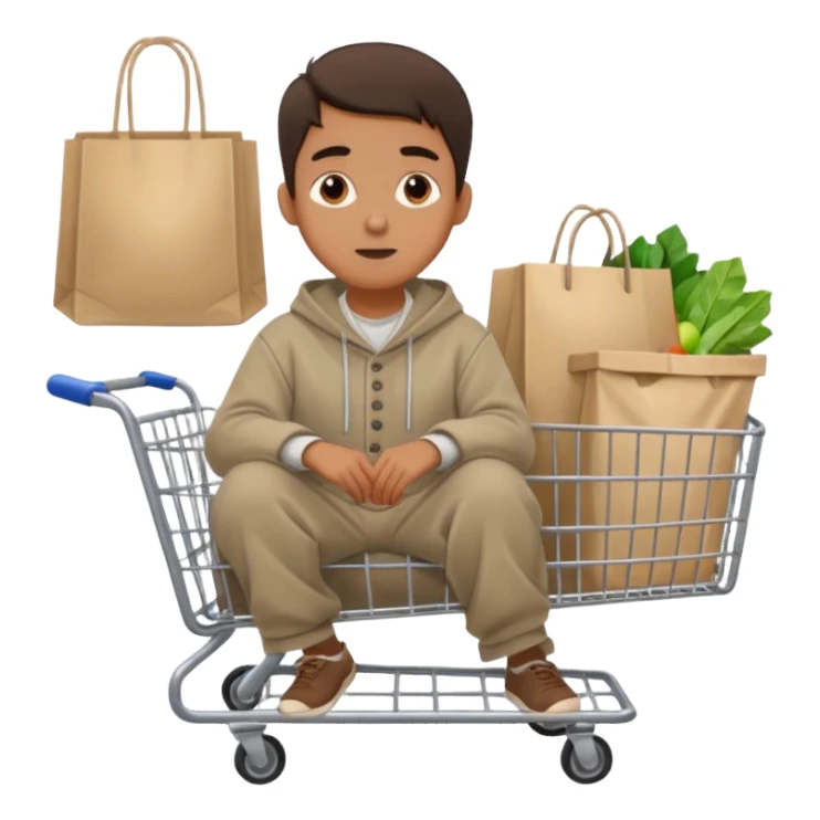 A man in oversized second-hand clothes, sitting beside a shopping cart of items, looking around with soft hopeful eyes.
 sticker