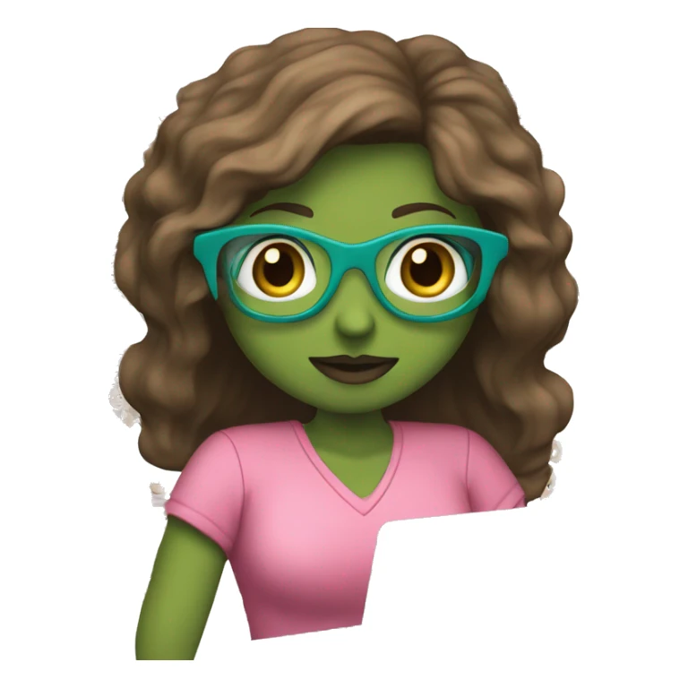 Female coding teacher featuring a laptop. She has long brunette hair, green eyes, white skin, teal eye glasses, rose lips, and a pink feminine shirt sticker