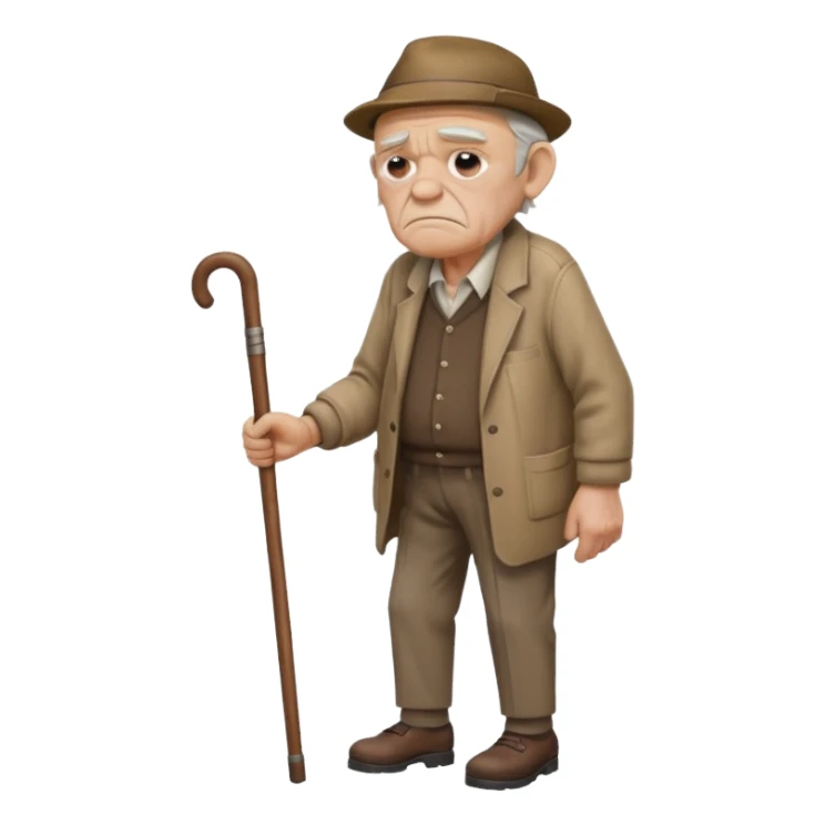 Old man leaning on a walking cane and holding his crancky back with his hand, grumpy face, detailed sticker