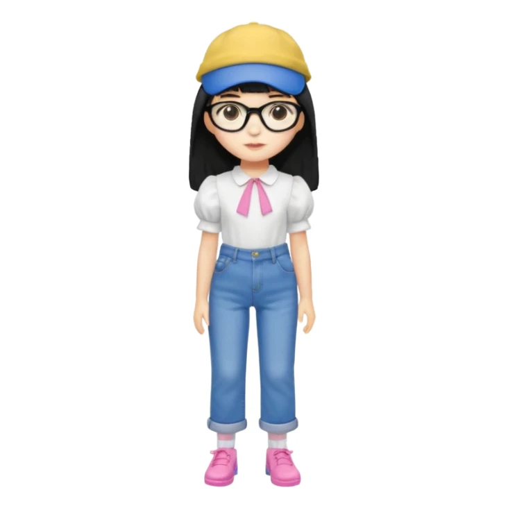 A yellow-skinned girl with long straight black hair, flat bangs, black frame glasses, a white puffy sleeve doll shirt, blue spacious jeans and pink shoes, and a black painter's hat，no yellow spikes. sticker