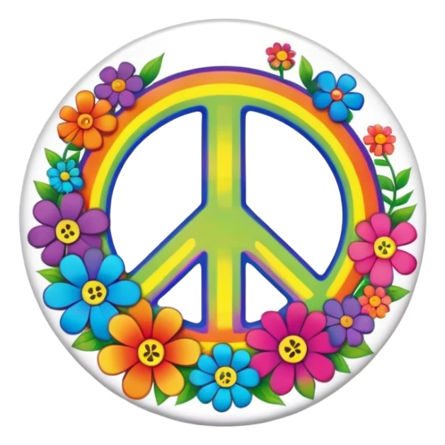 A round psychedelic colored button with the word “peace” in the center with rainbow colored hippie style flowers sticker