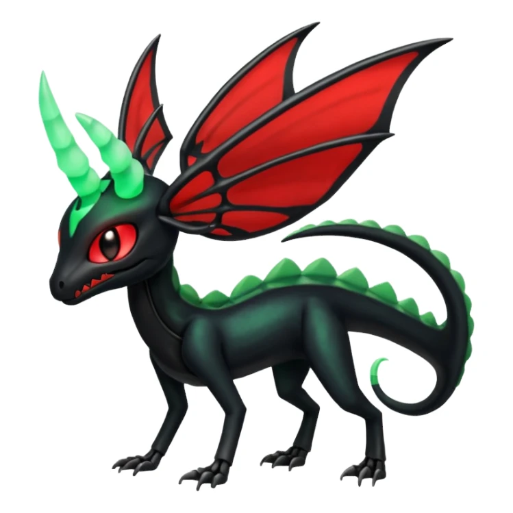 Horned Obsidian-black and neon-glowing-green skeletal Meloetta-Salandit-Gorebyss-Salazzle-Pokémon-Fakémon-creature-fusion-hybrid with glowing crimson-red evil slit eyes sticker