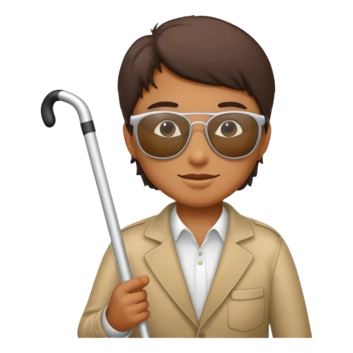 A blind person wearing sunglasses and holding a guide cane sticker