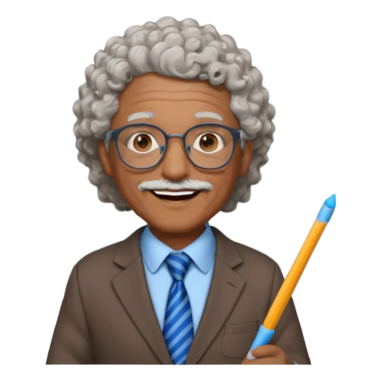 old man teacher, brown skin, curly grey white hai, wearing glasses, brown suit, blue tie hold chalk on hand sticker