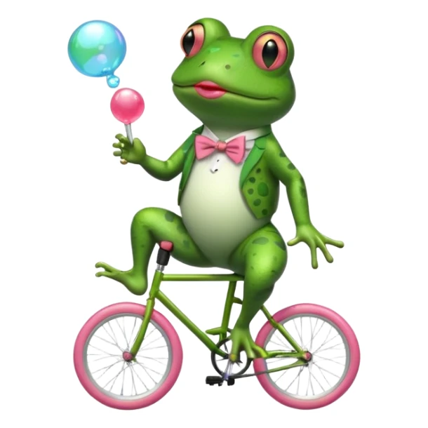 A frog riding a unicycle wearing a monocle blowing a bubble gum bubble sticker