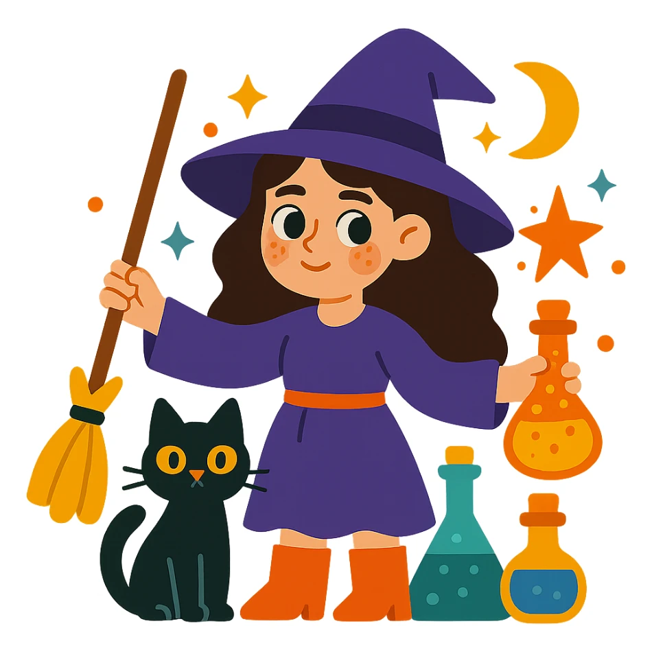 brunette girl witch, with a black cat, potion bottles, mystical atmosphere, whimsical style sticker