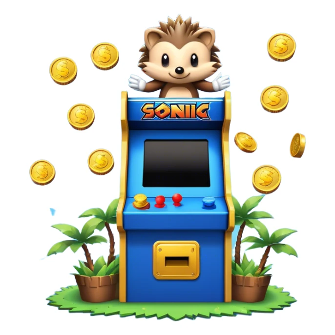 An icon showing a retro arcade screen with pixelated characters like a speedy hedgehog Sonic jumping and collecting coins. The game environment includes obstacles, power-ups, and vibrant colors, evoking the excitement and nostalgia of classic arcade games. transparent background. sticker