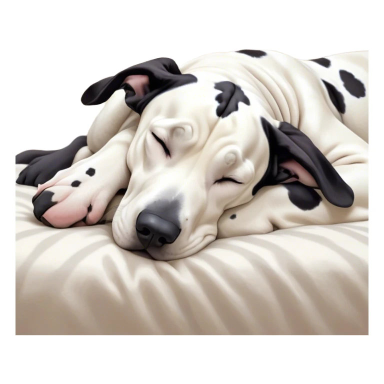 Meme-Worthy Cute Sleeping Harlequin Great Dane Portrait Emoji, Head resting peacefully with a contented smile, showcasing a delightfully majestic build and a luxuriously soft coat of predominantly white with bold black patches, eyes shut in a serene nap, Simplified yet hilariously adorable features, highly detailed, glowing with a soft, drowsy light, high shine, relaxed and utterly lovable, stylized with an air of playful laziness, bright and heartwarming, soft glowing outline, capturing the essence of a comically sleepy guardian, so meme-worthy it feels like it could instantly become the next viral sensation of adorable slumber! sticker