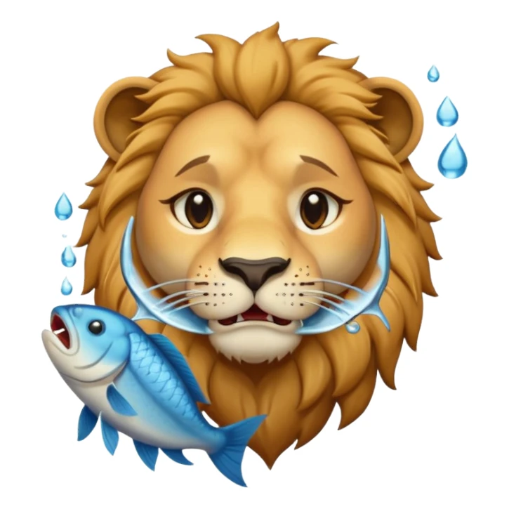  A lion eating a fish, feeling sad, cry, tear falling from eyes, portrait, bust up sticker