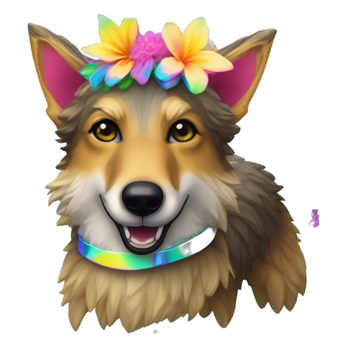  brindle fluffy lurcher Alsatian fox running blue eyes fluffy ears and iridescent holographic oilslick harness wearing paper iridescent tropical flower crown yellow caution tape neon sign sticker