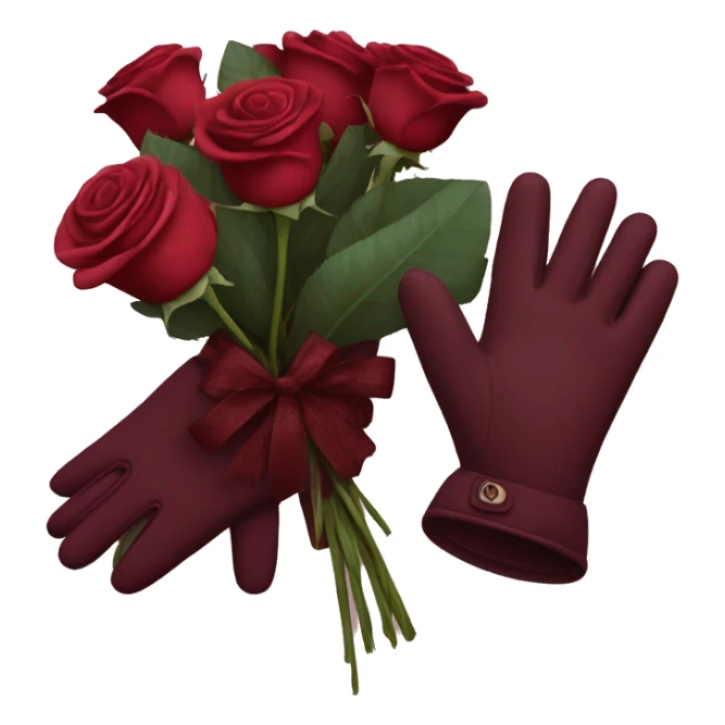 bouquet of burgundy roses next to gloves sticker