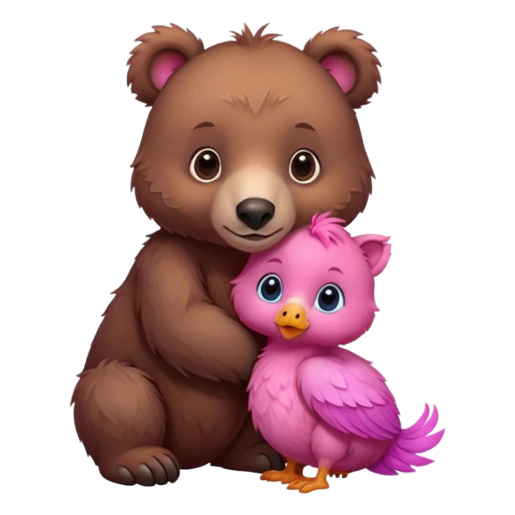 A cute realistic brown bear and a realistic cute pink dodo closely together. In the middle a brown kitten sticker