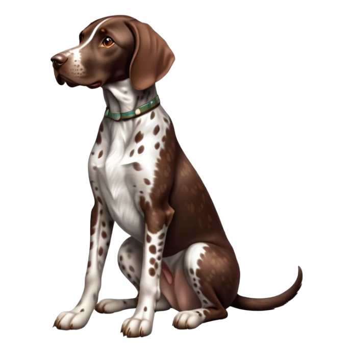 cinematic-[german pointer]-realistic-full-body-sitting-emoji,-tail-resting-loosely-beside-its-paws,-head-tilted-dramatically,-sleek-[brown and white spotted]-fur,-simplified-yet-realistic-focused-features,-highly-detailed,-glowing-with-an-almost-sarcastic-glow sticker