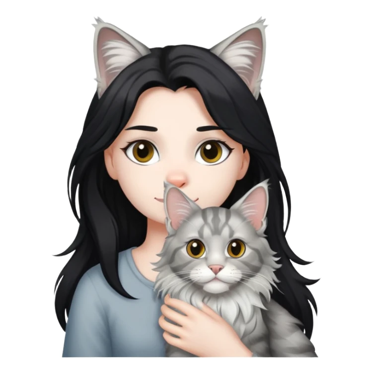 a silver based Maine Coon cat holding a black hair girl sticker