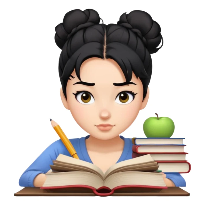 A baddie studying books, black hair, messy bun,  sticker