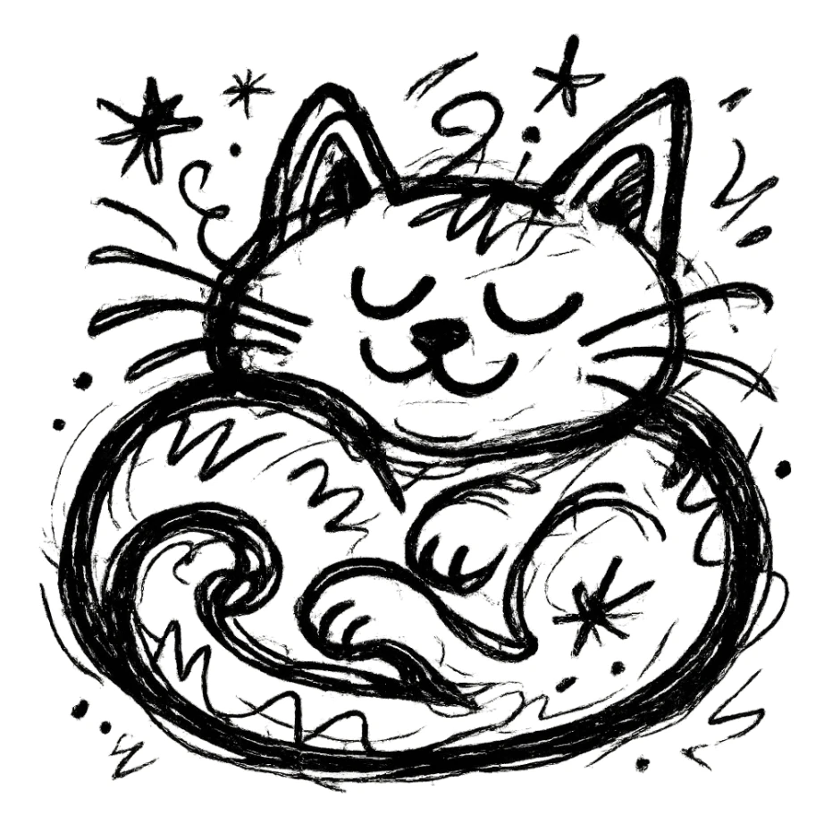 chaotic outlined icon of a cute cat curled up and purring, with exaggerated, whimsical features sticker