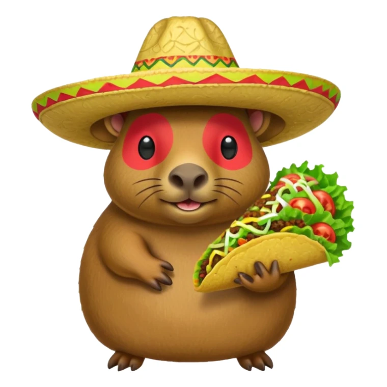 Make a capybara with a taco as a body and a Mexican hat sticker