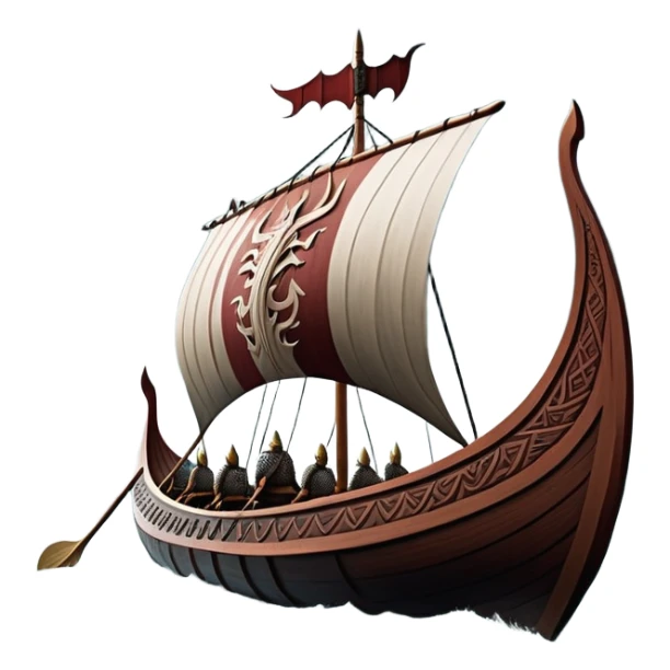 detailed-cinematic-viking-longboat, rendered in a flat, bold vector style with minimal shading, featuring a striking dragon-headed prow slicing through waters. shields on the side and vikings rowing The longboat’s, the boat has carved motifs evoke a sense of epic adventure and Nordic might, with billowing sails catching a dramatic, stormy sky backdrop. sticker