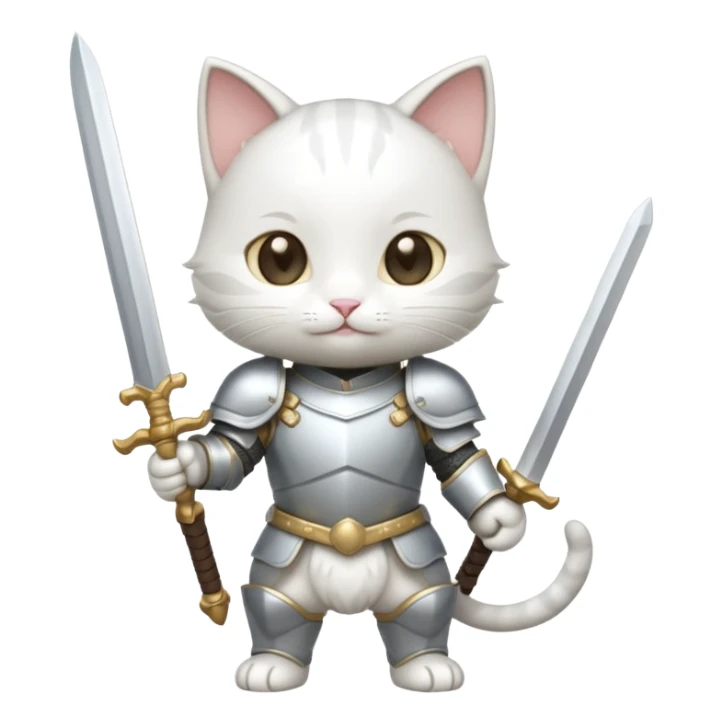 baby chibi white cat in silver armor, full body, smile, hold sword sticker