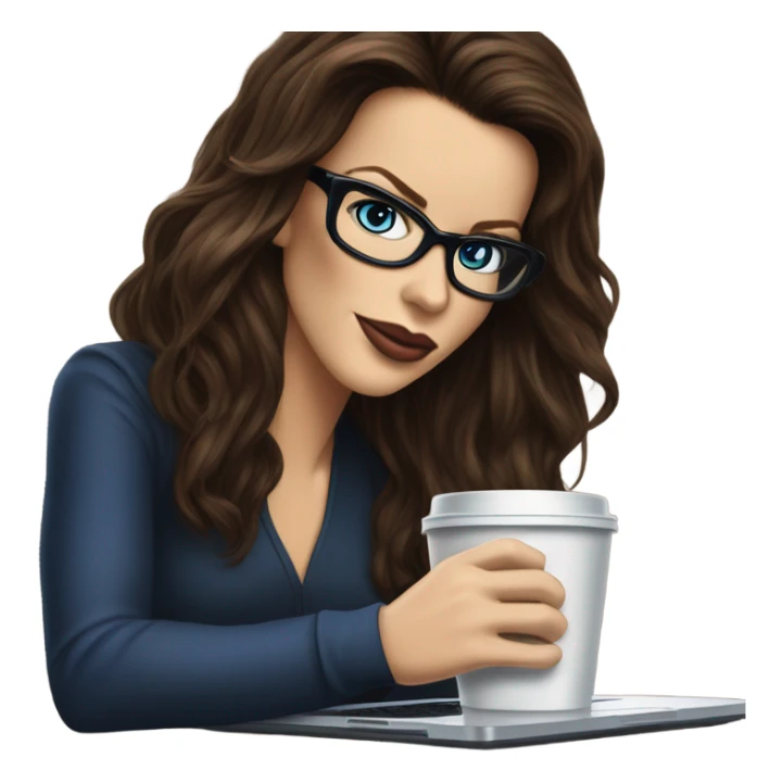 Hyper Realistic Kate Beckinsale dark blue eyes wearing glasses drinking coffee at a laptop  sticker