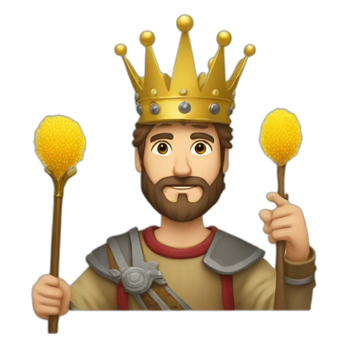 medieval peasant in a crown with a golden scepter in his hand. with a different mimosa symbolizing emotions sticker