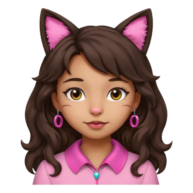 Adjust the character's skin tone to a medium Hispanic tone. Keep her long, dark, wavy hair, cat ears without a headband, and a cute pink or silver collar. Maintain the apple emoji style with a transparent background. sticker