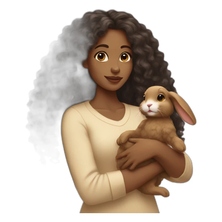 black woman long curly hair holding floppy eared tan rabbit cute sticker