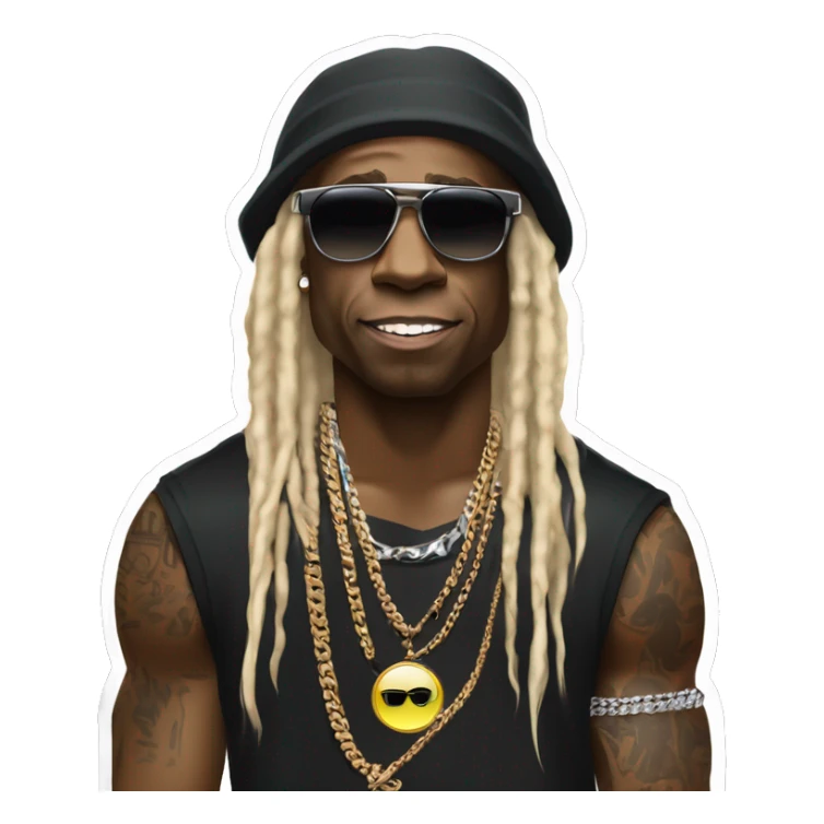 Lil Wayne:

A laid-back icon with oversized shades, layered chains, tattoos, diamond grill, and long blond dreads under a backward cap. Cool, confident, and effortlessly stylish. sticker