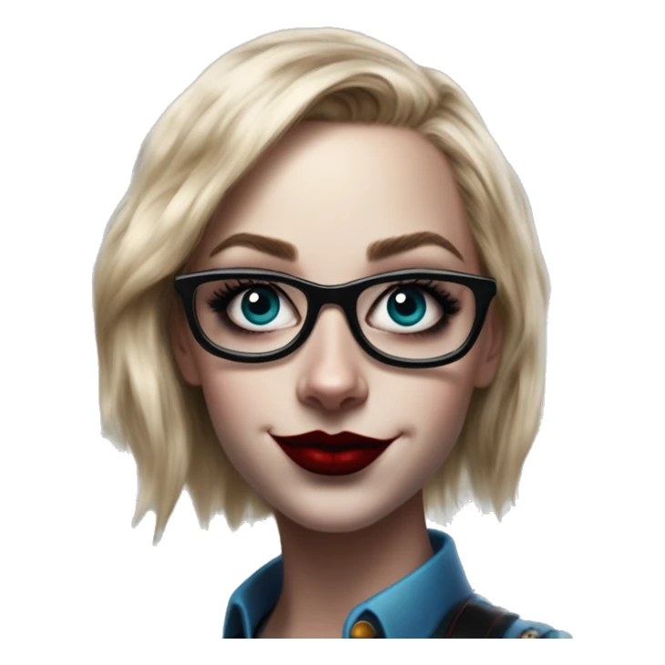 Geeky programmer in Harley Quinn style, oil paint, mysterious eyes, intricate lips, masterpiece portrait, odd perspective, beautiful, desirable, logical sticker
