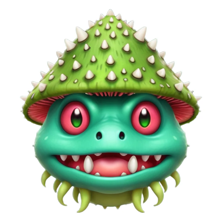 poisonous mushroom monster portrait, head and shoulders only, animal-like creature, mushroom cap head with spikes, toxic green glow, beast-like eyes, furry neck details, monstrous but cute fantasy vibe, 3D cartoon, mobile game icon style, clean background, no text, no watermark

 sticker