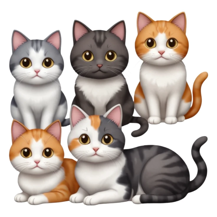 5 different coloured short haired cats including; a dark brown and white cat, and a dark grey and white, and a calico sticker
