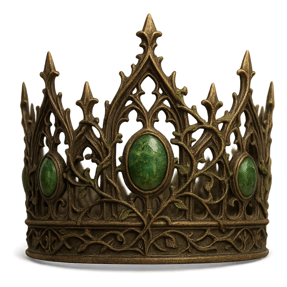 gothic crown in bronze with mossy green gems and vine details, ancient and enchanted sticker