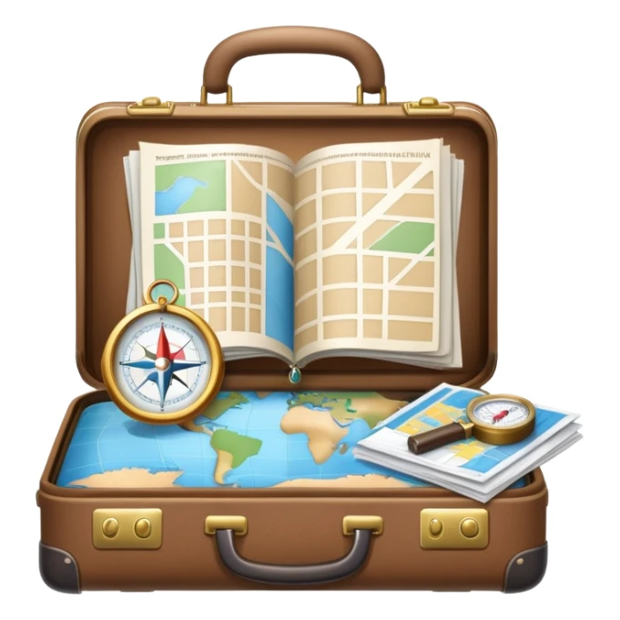 An icon featuring a suitcase, hotel building, symbolizing the scientific study of tourism and hospitality. The design includes a map, a compass, and a checklist, representing travel planning and service management. Transparent background highlights the academic exploration of the tourism industry. sticker