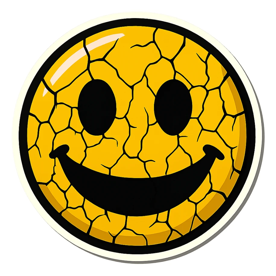 creepy emoji with cracks, empty eyes and wide smile, retro stickers style, sharp black outlines, clear shadows and highlights, no gradients sticker