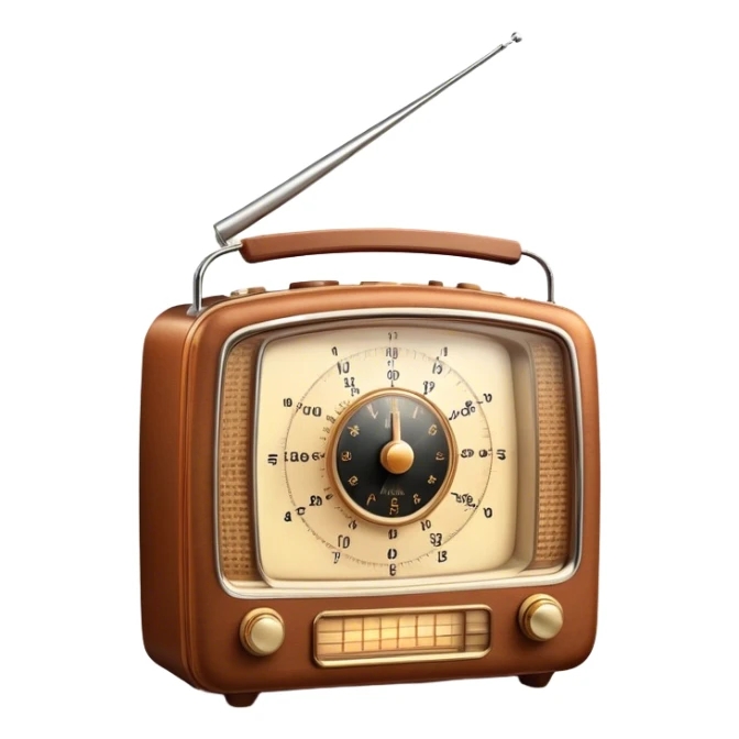 A photorealistic icon featuring an old-fashioned radio with a vintage dial, radio waves emanating from it, and a warm, glowing light. The design includes detailed textures, soft lighting, and nostalgic elements, symbolizing the love for radio broadcasting and music. Transparent background. sticker
