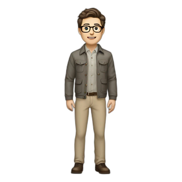 Full height Pale skinned Fit Man With dark brown hair in gray classic jacket, beige office shirt, Brown pants and vintage glasses. Thrumbs of his palms upwards sticker