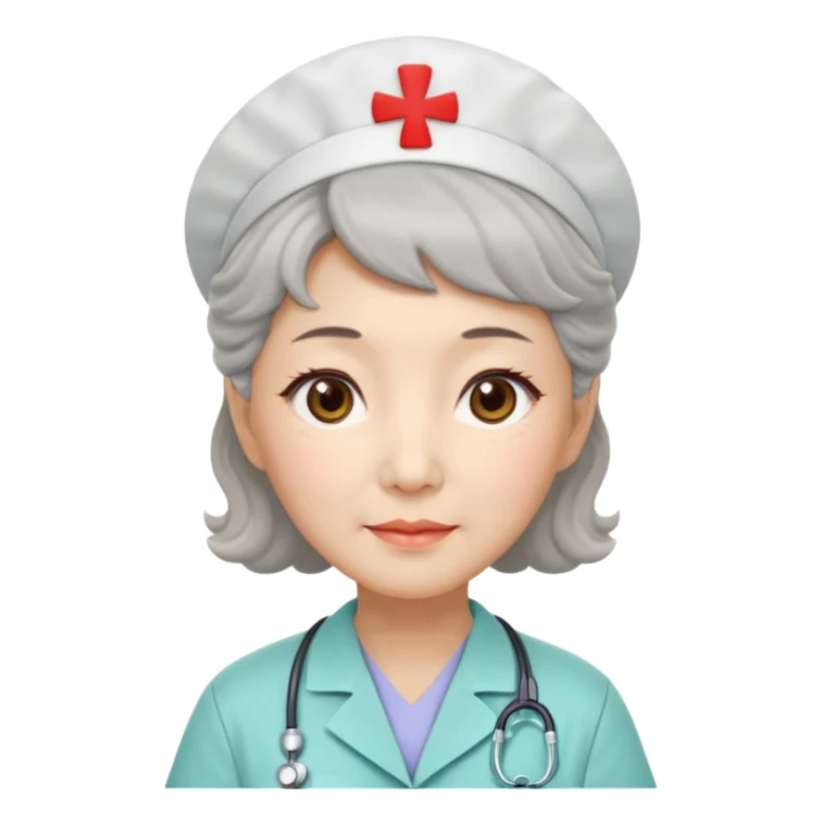 Chinese woman 62 years old, kind caring expression, short practical perm, brown eyes, pastel colored nurse uniform (retired) sticker