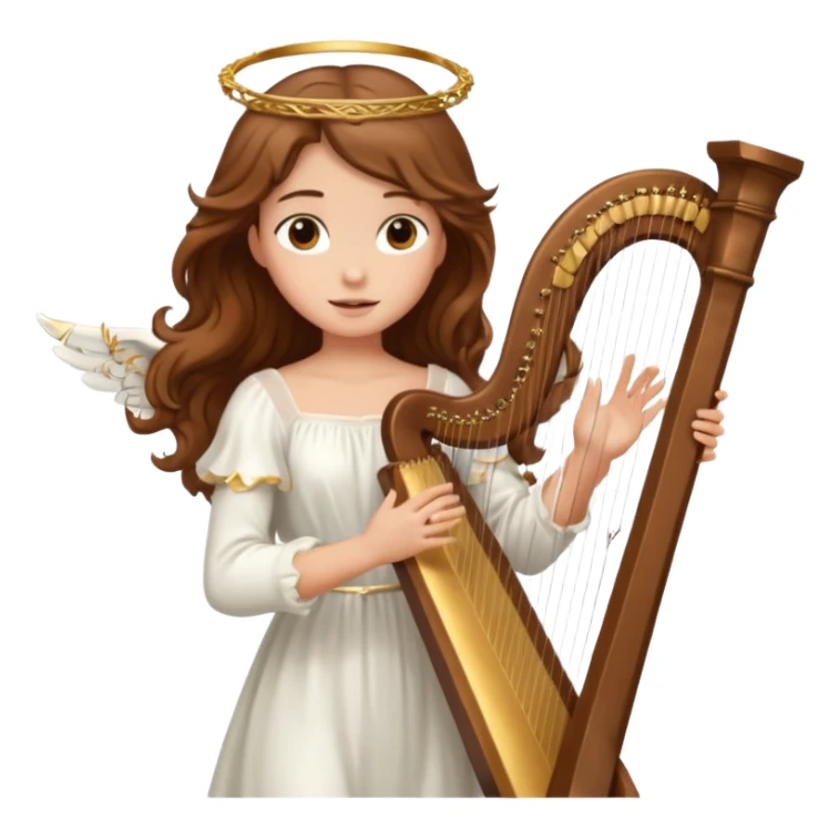 Female angel holding harp with flowing brown hair sticker