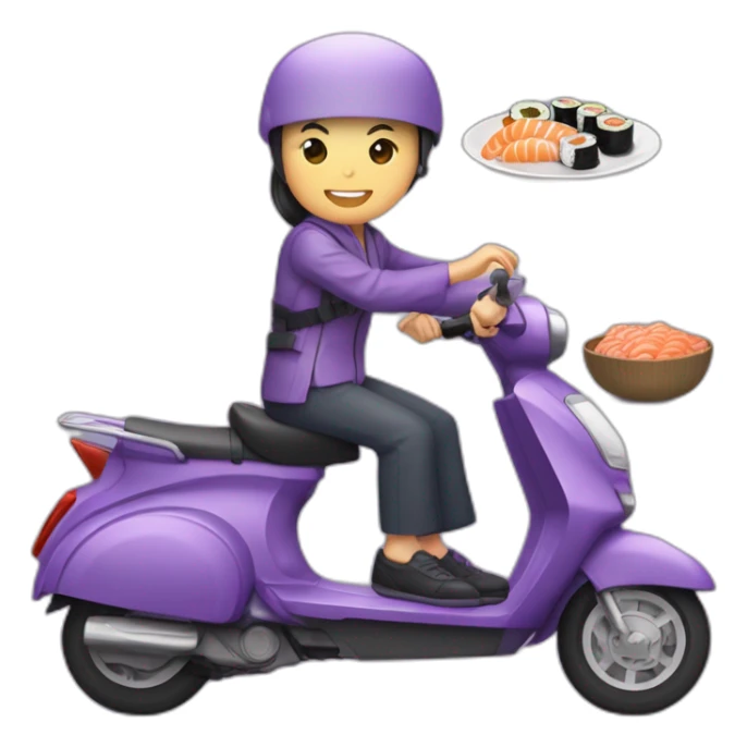 personne asiatique sur un scooter violet avec un sushi dans la main sticker