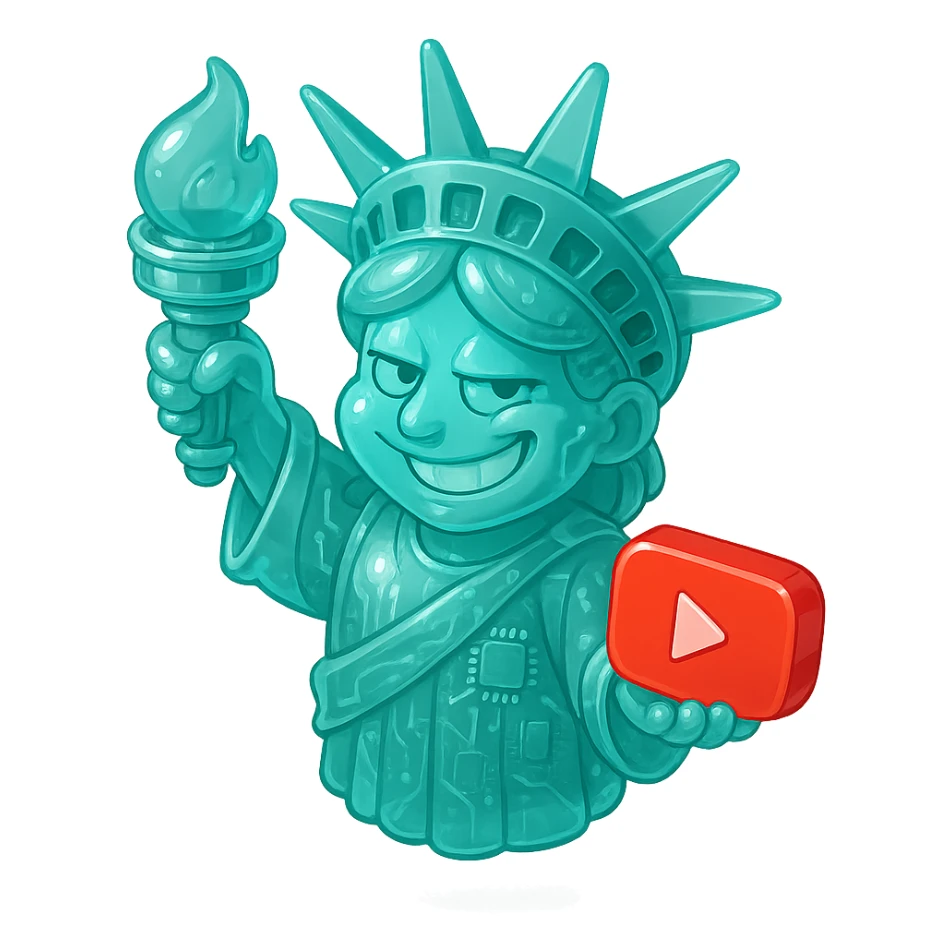 Statue of Liberty with a playful sarcastic grin, red YouTube play button, glossy circuit style sticker