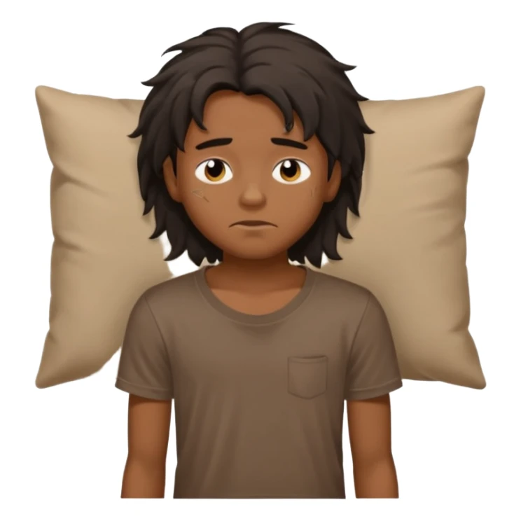 generate a pretty bratz brown skinned boy with black messy long hair wearing a brown tshirt in bed. Looking sleepy sticker