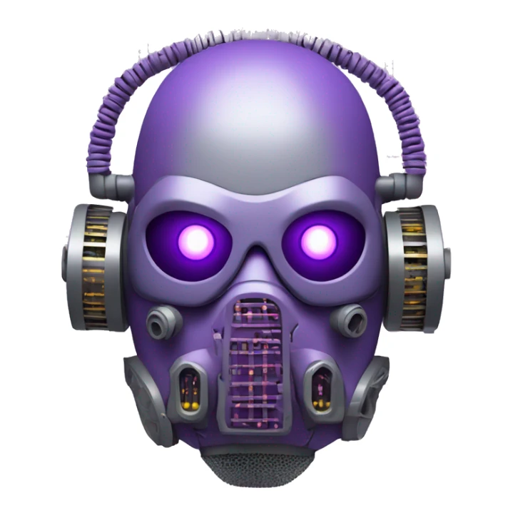 Purple mohawk cyborg head with grey respirator mask and circuits sticker