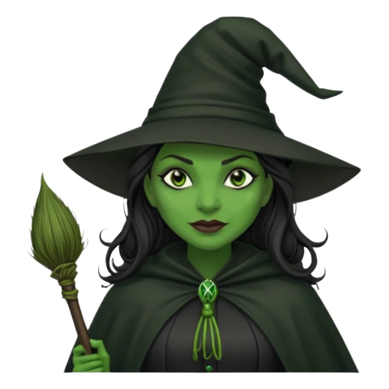 elphaba wicked witch with broom close up, evil dark coily long dark hair, green skin, thick green lips, cheekbones, smirk evil menacing cythia erivo dark aesthetic black hat cloak black broom sticker