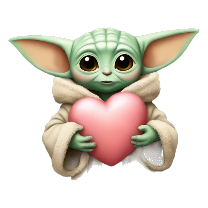 Baby Yoda holds a big plush heart sticker