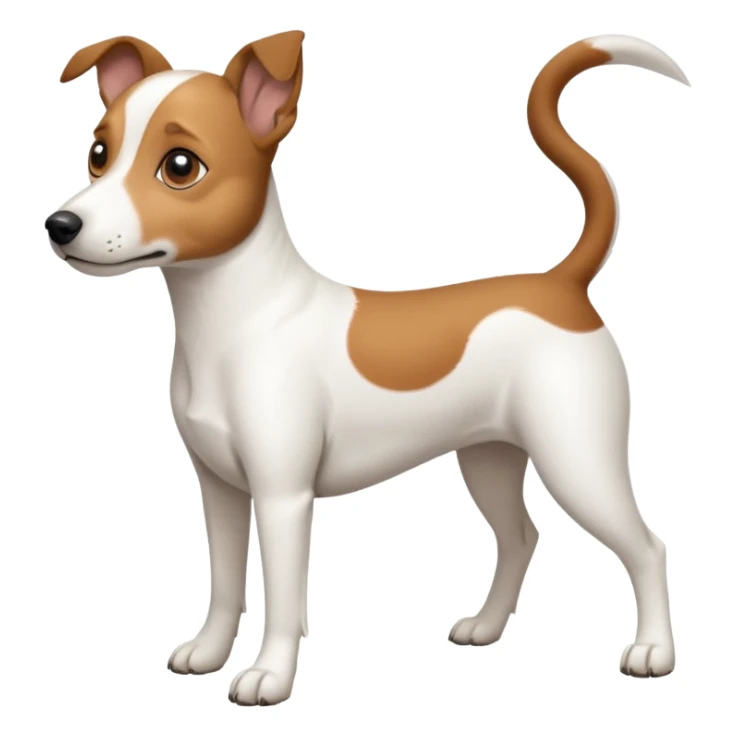 a full body white jack russel looking dog the size of a kelpie with light brown ears and a light brown patch on one eye, flopped down ears and a large snout sticker