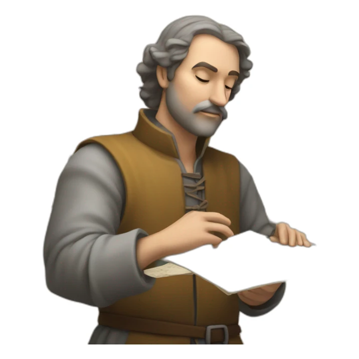 medieval architect in action, thinking over a displayed vertical map of a building sticker