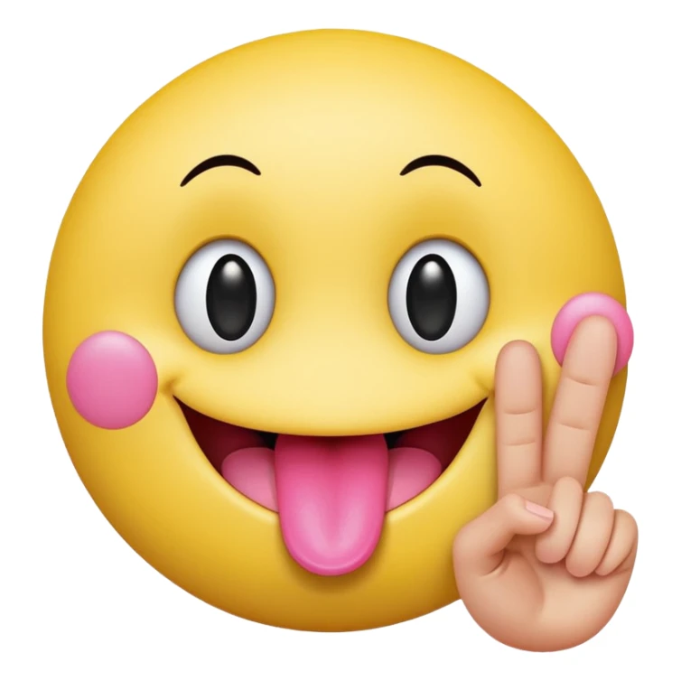 The image is a digital illustration of a yellow smiley face with big, round eyes and a big smile. The face is holding a pink tongue sticking out and making a 67 with its fingers. Above the face, The background is white. Like this but get rid of the text sticker