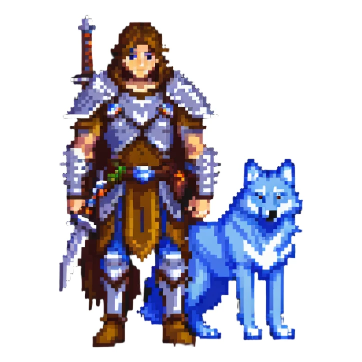 8-bit fantasy warrior standing beside loyal wolf companion sticker