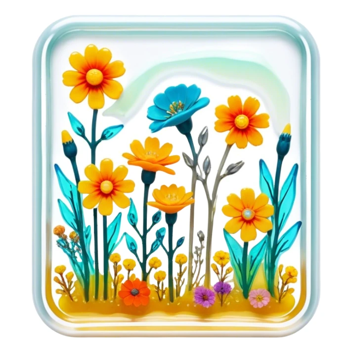 Epoxy resin art icon, jewelry and decorative items made with fluorescent epoxy resin, glowing effect on the resin, finished resin jewelry with dried flowers embedded inside, visible tubes of resin with bright colors, mixing tools, and molds, minimalistic style, clean lines, transparent background sticker