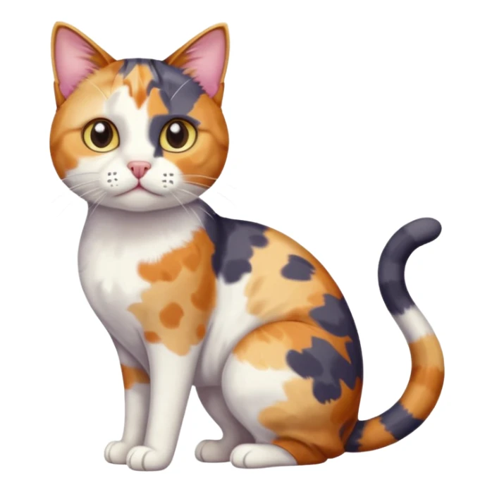 full body anxious looking colourful patchy calico tabby cat with tiny head to large body with fully white front legs sticker